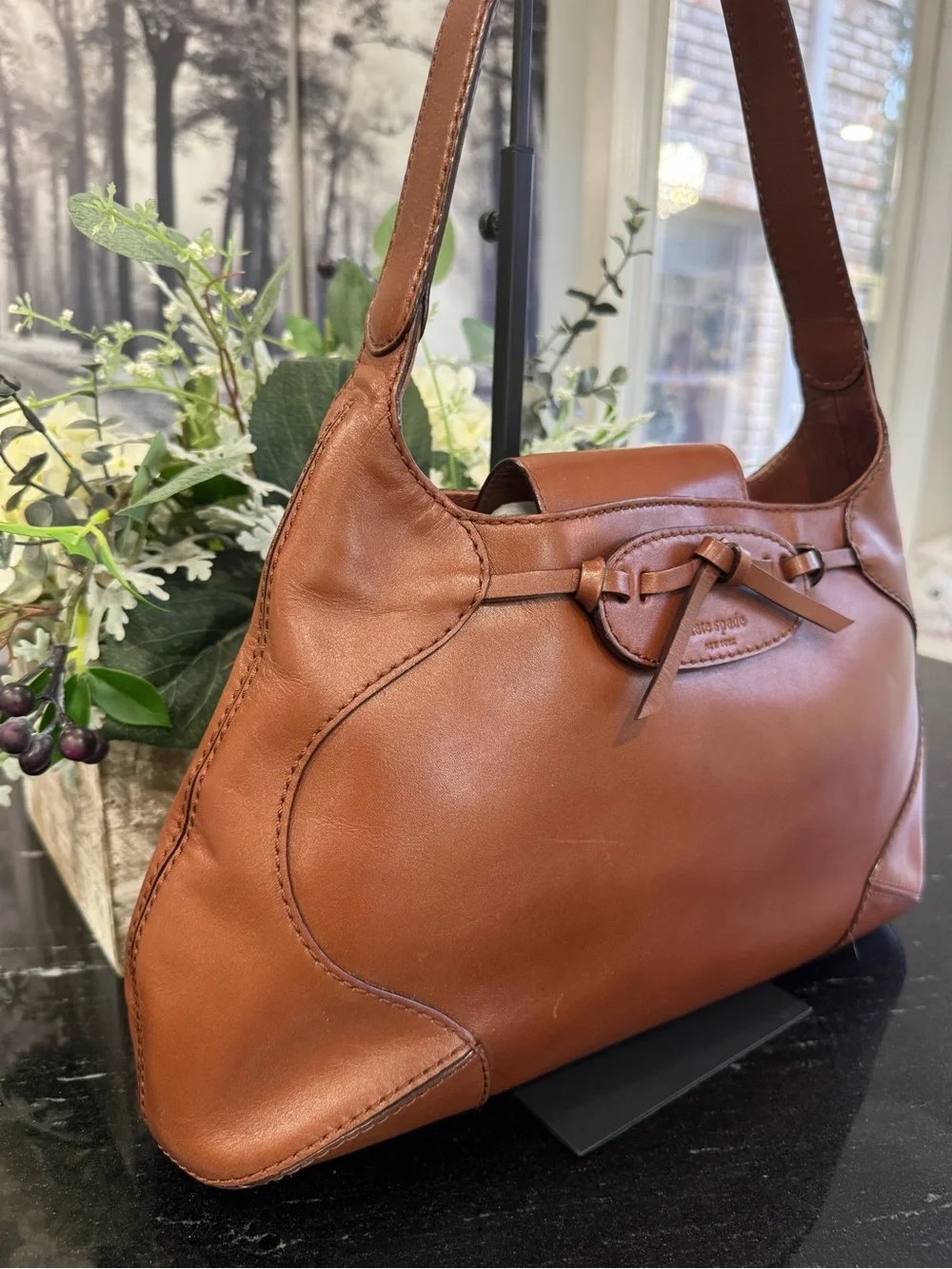 🤎Kate Spade Darcy Cognac Leather Shoulder Bag Bow Detail
